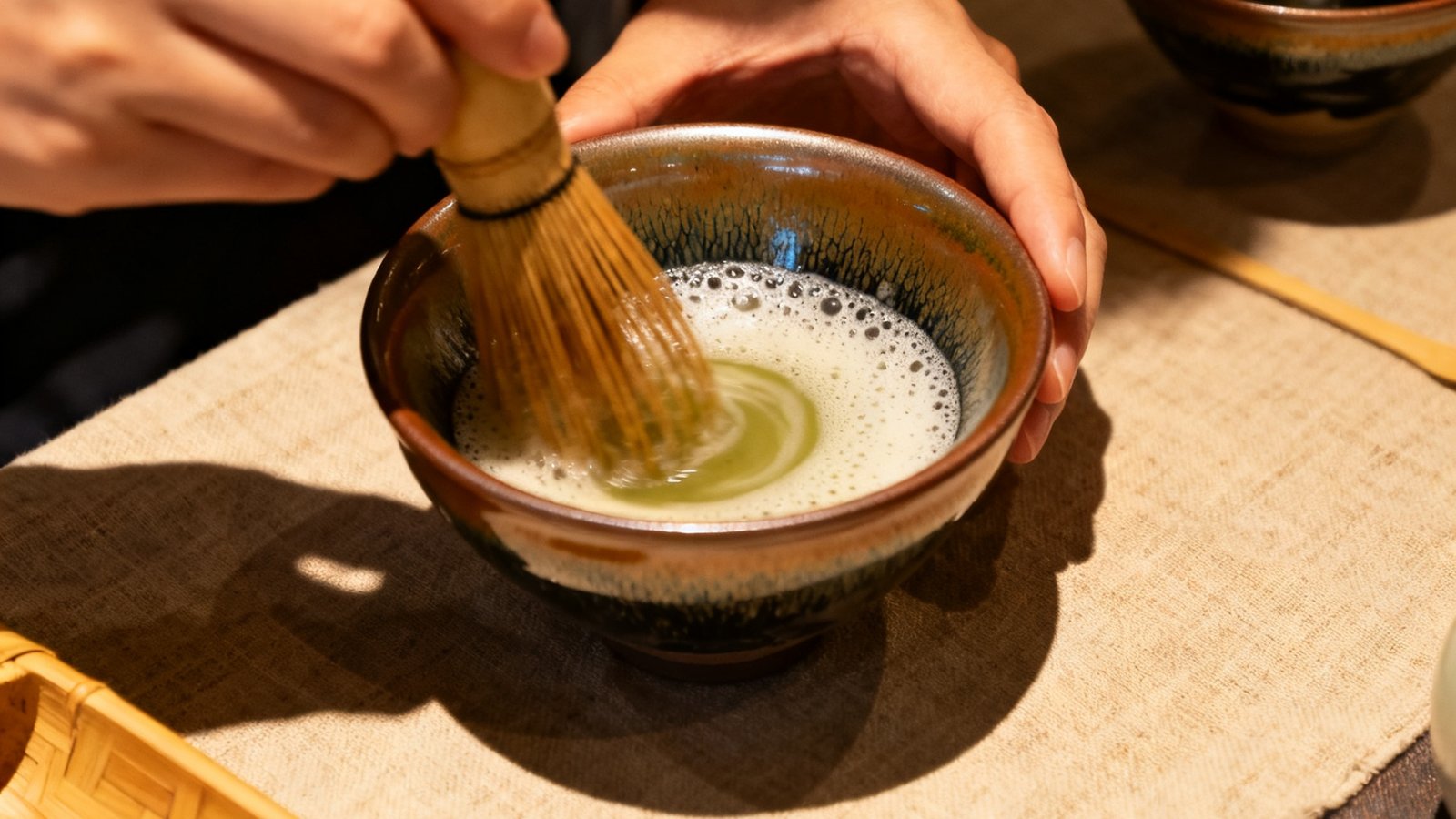一张宋代点茶美学沙龙的现场记录照片，参与者正在用茶筅击拂茶汤，桌面铺着素色麻布，摆放着建盏与竹制茶道具