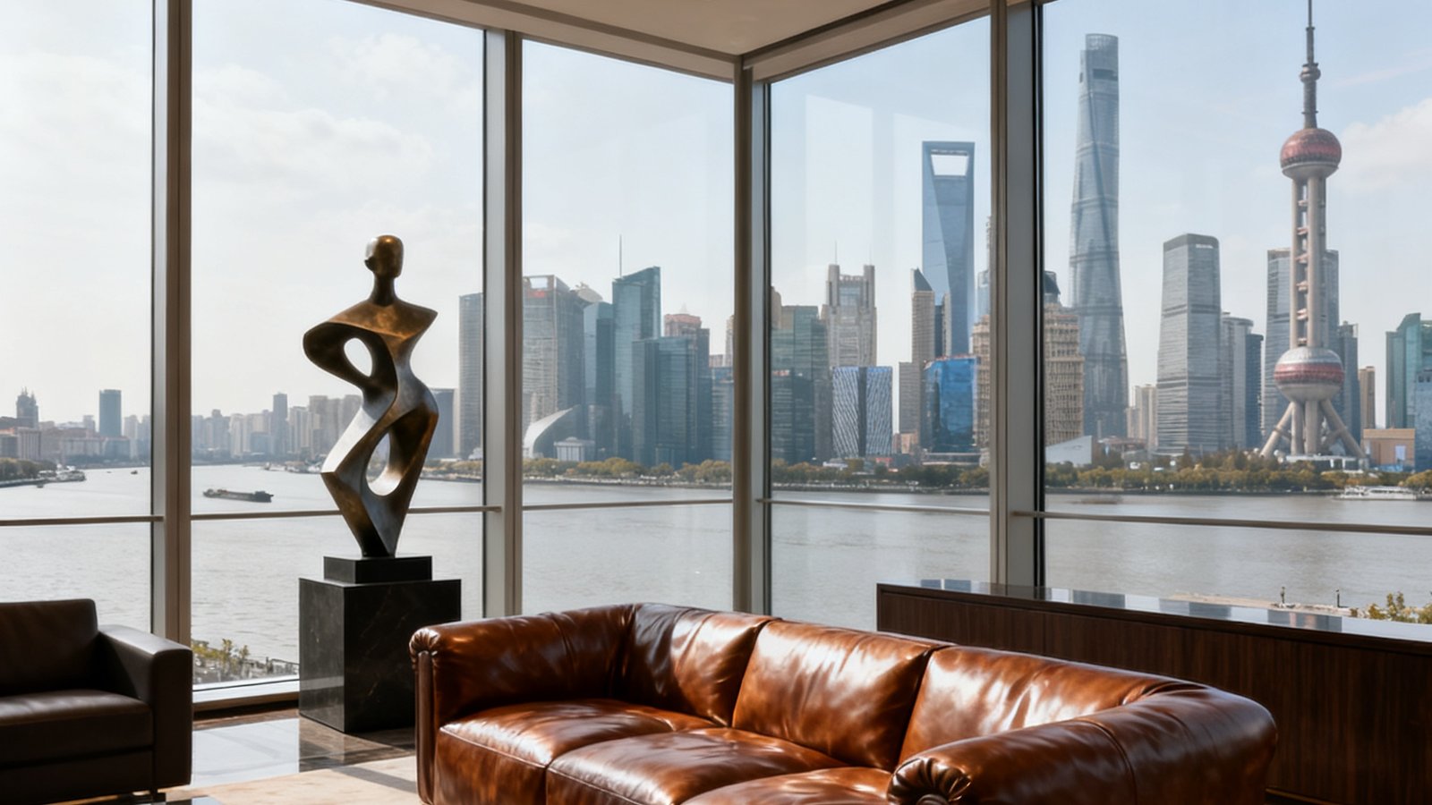 一张巴比伦贵宾会上海外滩总部会客区的实景照片，空间内陈设着意大利真皮沙发与当代雕塑作品，落地窗外是黄浦江与陆家嘴天际线